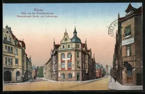 AK Worms, Blick von der Brunhildenbrücke, Donnersberger Strasse, Lutherkirche