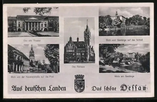 AK Dessau, Altes Theater, Rathaus, Schloss, Post, Motiv am Gestänge