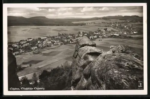 AK Schöna /Sächsische Schweiz, Blick auf Ort und Felsen