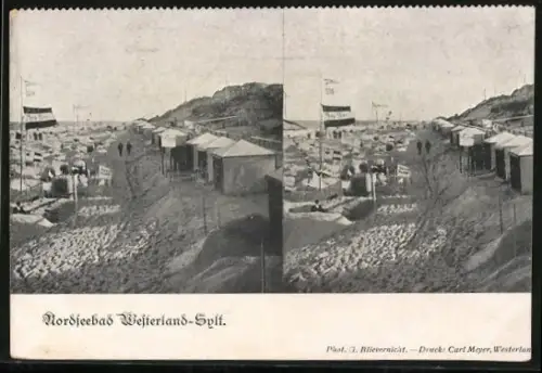 Stereo-AK Westerland /Sylt, Strand mit Badehütten und Dünen