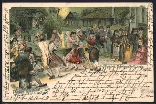 Lithographie Leipzig, Sächs. Thür. Industrie- und Gewerbeausstellung 1897, tanzendes Volk im Thüringer Dorf