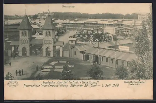 AK München, Wanderausstellung Dt. Landwirtschafts-Gesellschaft 1905, Totalansicht Ausstellungsgelände m. Portal von oben