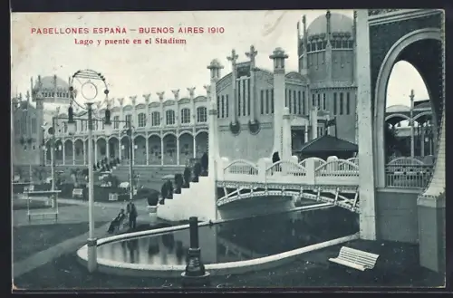 AK Buenos Aires, Pabellones Espana 1910, Lago y puente en el Stadium