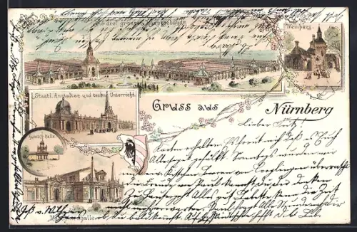 Lithographie Nürnberg, Die drei grossen Hauptgebäude, Staatl. Anstalten und techn. Unterricht, Maschinenhalle