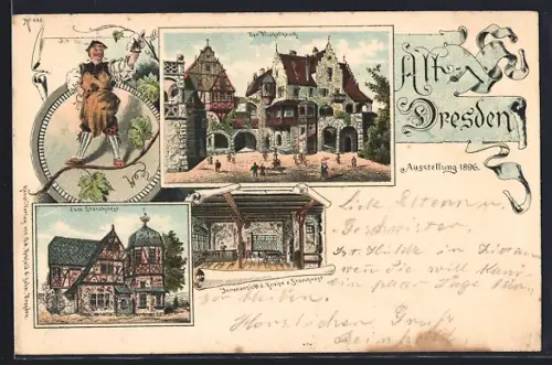 Lithographie Dresden, Ausstellung 1896, Alt-Dresden mit Kneipe zum Storchnest