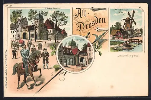 Lithographie Dresden, Ausstellung 1896, Windmühle, Wilsdrufferthor