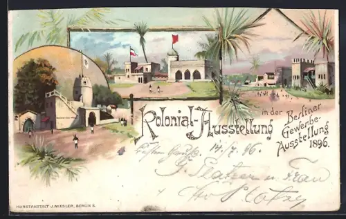 Lithographie Berlin, Gewerbe-Ausstellung 1896, Kolonial-Ausstellung, Orientalische Gebäude mit Flaggen, Palmen