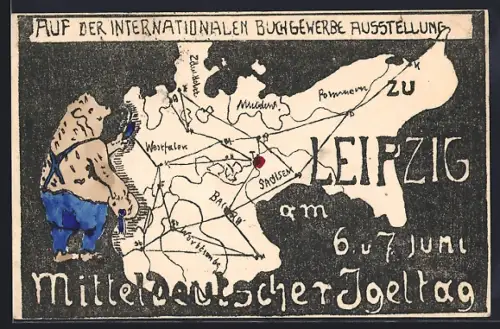 AK Leipzig, Mitteldeutscher Igeltag auf der Buchgewerbe-Ausstellung, Igelfigur mit deutscher Landkarte, Einladung