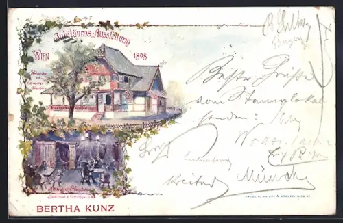 Künstler-AK Wien, Jubiläums-Ausstellung 1898, Gasthaus Weinstube zur Admonter Jägerhütte B. Kunz, Fuhrichgasse 10