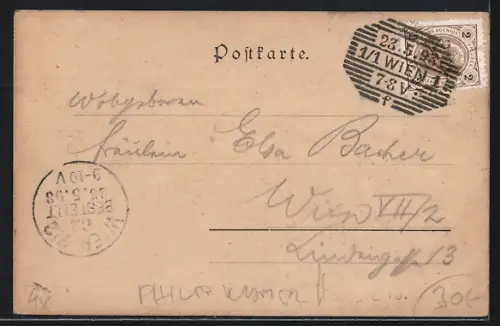 Künstler-AK Wien, Jubiläums-Ausstellung 1898, Gasthaus Weinstube zur Admonter Jägerhütte B. Kunz, Fuhrichgasse 10