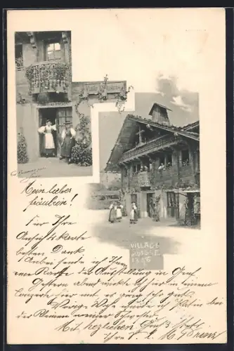 AK Geneve, 2. Schweizer Landesschau 1896, Village Suisse, Walliser Wirtshaus mit Trachtenmädchen