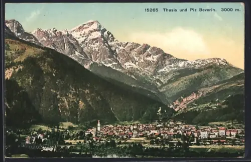 AK Thusis, Ortsansicht gegen Piz Beverin