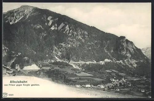 AK Bergün, Albulabahn von Filisur gegen Bergrün gesehen