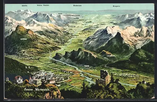 Künstler-AK Ragaz /Rheintal, Pension Wartenstein mit Panorama der Umgebung