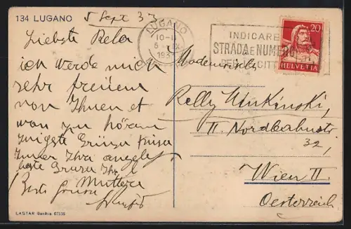 Künstler-AK Lugano, Ortsansicht vom Seeufer aus