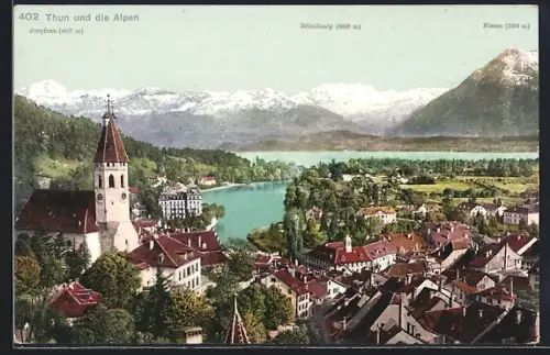 AK Thun, Ortsansicht mit Jungfrau, Blümlisalp und Niesen