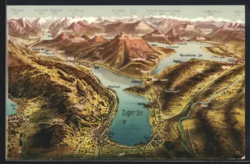 AK Zug, Panorama mit zuger See und Bergen