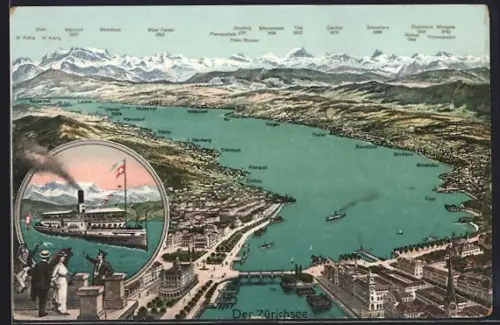Künstler-AK Zürich, Zürichsee-Panorama und Dampfer