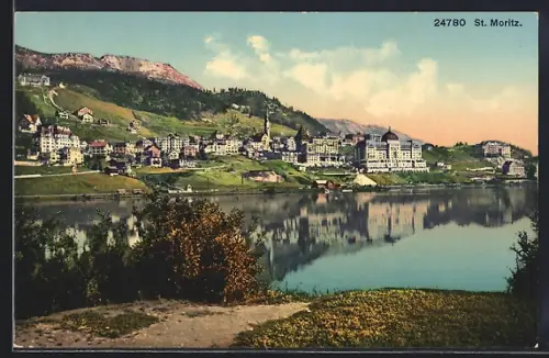 AK St. Moritz, Ortsansicht mit Uferpartie