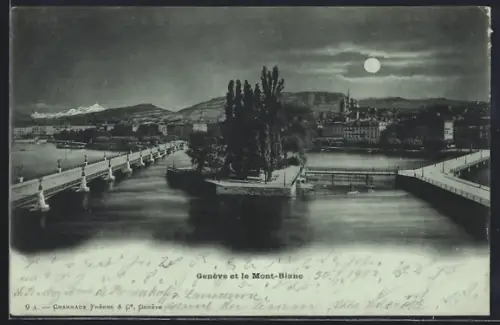 Mondschein-AK Genève, Genève et le Mont-Blanc