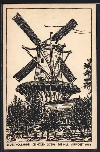Künstler-AK Sluis, De Molen, Verwoest 1944
