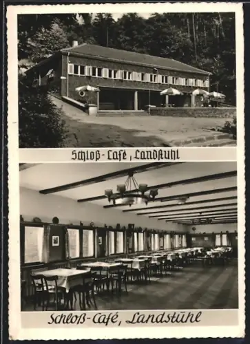 AK Landstuhl, Schloss-Cafe, Gebäude mit Terrasse, Innenansicht Saal