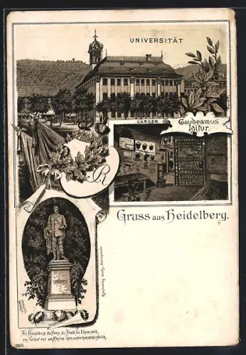 Lithographie Heidelberg, Universität, Carcer, Scheffel-Denkmal, Fahnen, Degen und Eichenkranz