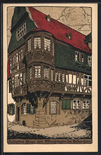 Steindruck-AK Monzingen bei Gobernheim, Ältestes Haus ds Ortes