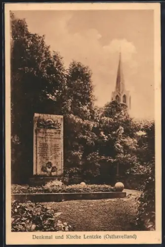 AK Lentzke /Osthavelland, Gefallenen-Denkmalanlage und Kirche