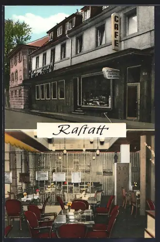 AK Rastatt, Cafe am Schloss Karl Hauns, Herrenstr. 16b, Innenansicht und Fassade