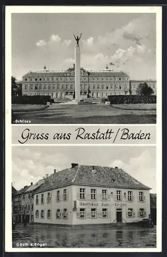 AK Rastatt /Baden, Gasthaus zum Engel M. Heim, Schloss mit Säulendenkmal