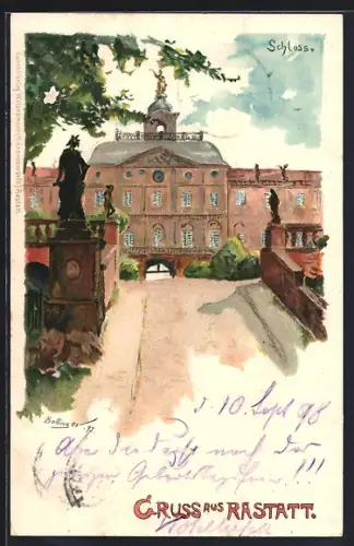 Lithographie Rastatt, Schloss mit Einfahrt und Statuen