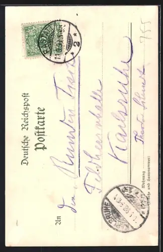 Lithographie Rastatt, Schloss mit Einfahrt und Statuen