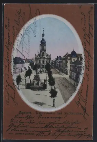 AK Rastatt, Kaiserstrasse mit Brunnen und Stadtkirche aus der Vogelschau, Rahmen