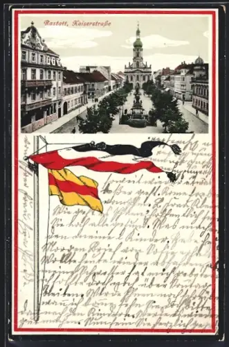 AK Rastatt, Kaiserstrasse aus der Vogelschau, mit Brunnen und Turmgebäude, Deutsche u. badische Flagge