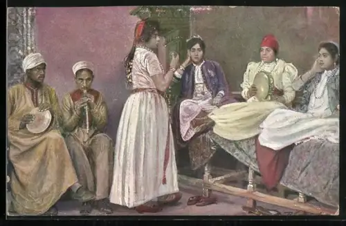 AK Egypt, Egyptian Types and Scenes, Arabs Dancing Women, Arabische Tänzerin und Musiker