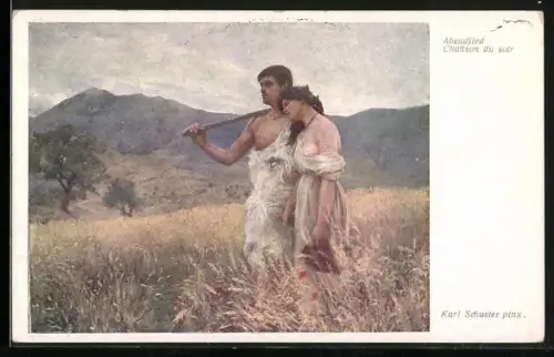 Künstler-AK Karl Maria Schuster: Leicht bekleidetes Paar steht Abends im Feld