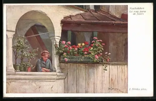 Künstler-AK Josef Straka: Nesthäkchen auf dem Balkon