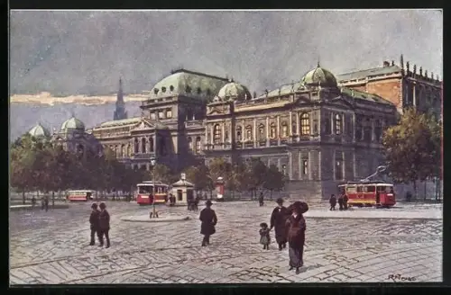 Künstler-AK Rudolf Preuss: Wien, Universität, Strassenbahn