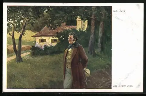 Künstler-AK Komponist Schubert spaziert eine Strasse entlang