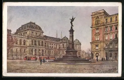 Künstler-AK Wien, Universität, Liebenbergdenkmal und Strassenbahn