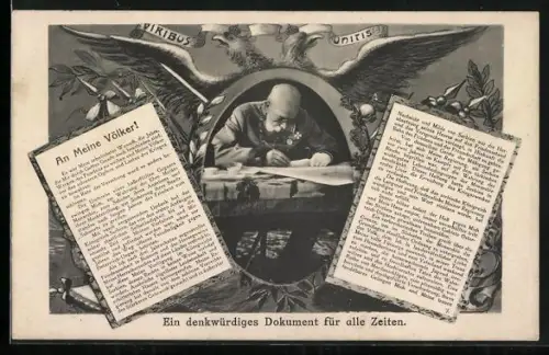 AK Kaiser Franz Josef I. von Österreich, Portrait mit Manifest