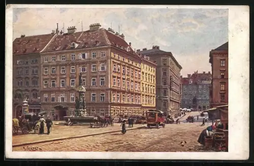 Künstler-AK Wien I, Freyung, Schottenkirche, Brunnen, Händler, Fussgänger