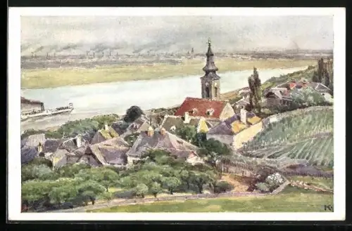 Künstler-AK J, Kalous: Wien, Kahlenbergerdorf mit Donau