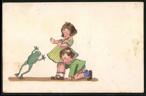 AK Frosch erschreckt ein Kinderpaar