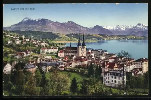 AK Luzern, Teilansicht mit Kirche und der Rigi