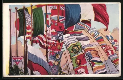 AK American YMCA, Fahnen verschiedener Länder