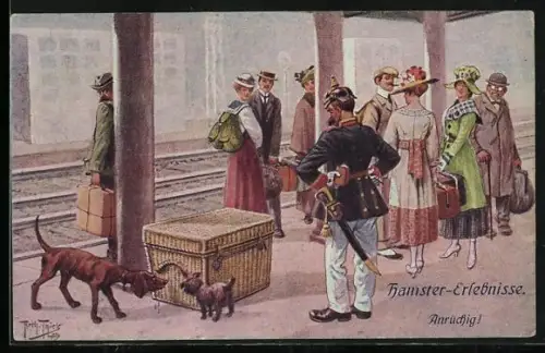 Künstler-AK A. Thiele: Hunde schnuppern an einer Kiste