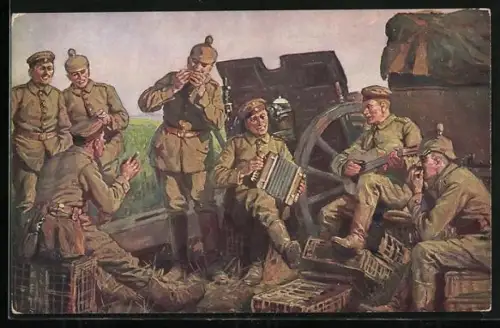 AK Die Künstler der Batterie, Soldaten musizieren