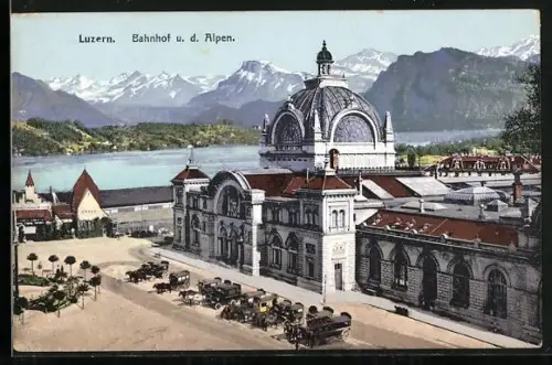 AK Luzern, Bahnhof u. d. Alpen